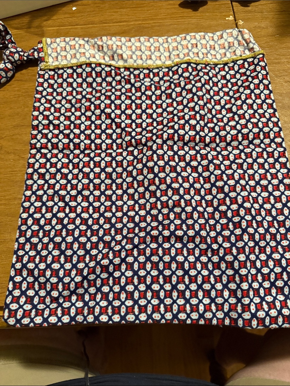 Navy and Red Geometric Drawstring Bag
